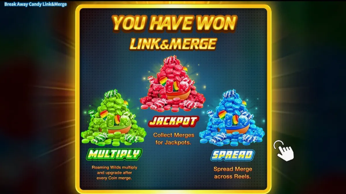 Tampilan visual permainan slot Break Away Candy Link&Merge dengan tema hoki dan permen