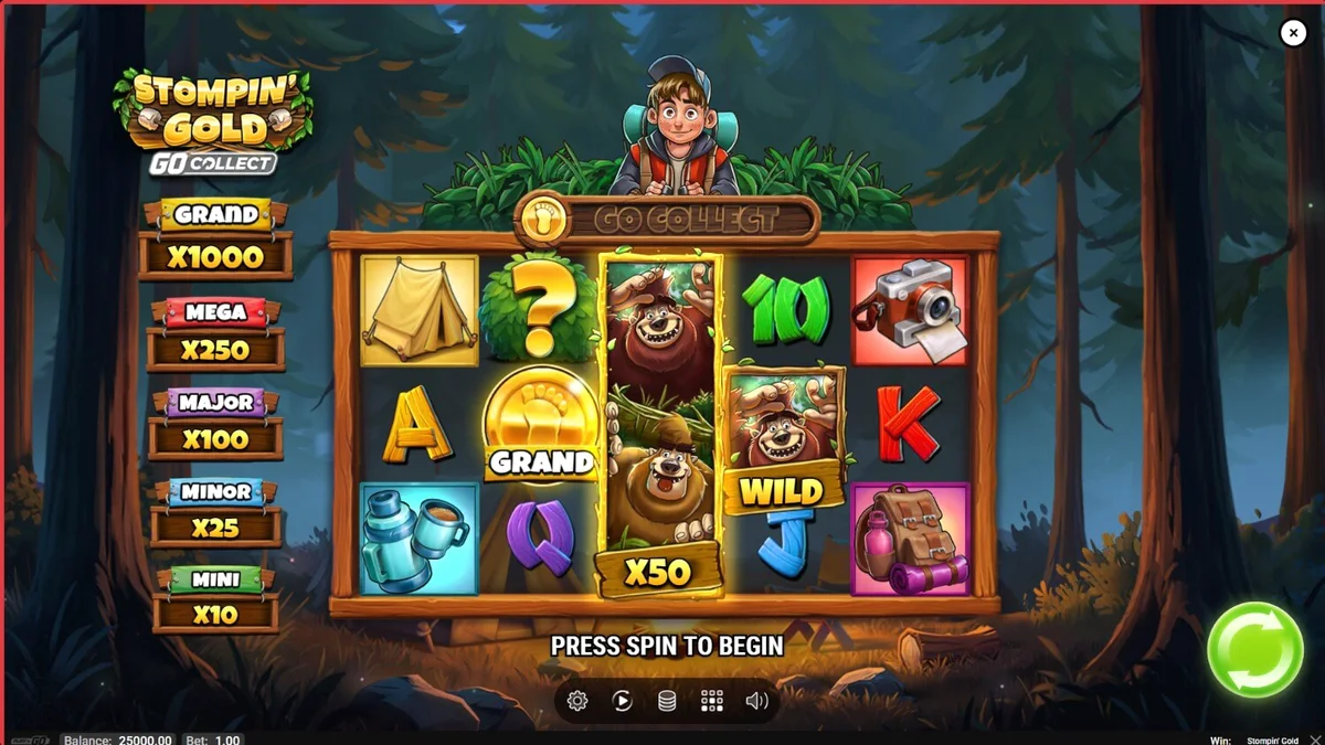 Tangkapan layar permainan slot Stompin’ Gold GO Collect dari Play’n GO yang menampilkan penjelajah Jack Tracker dan yeti Biggie serta Boogie di hutan yang cerah.