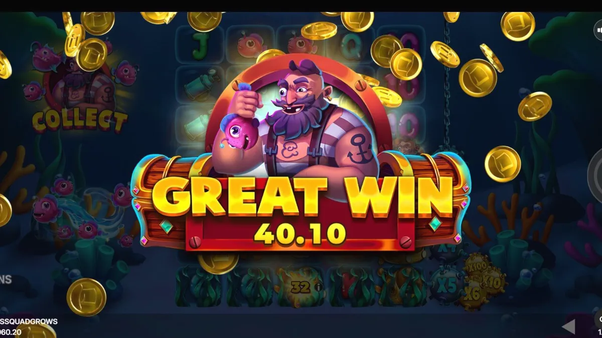Tampilan visual bawah laut slot Fishin’ Madness Quadgrows dengan grid yang sedang berkembang